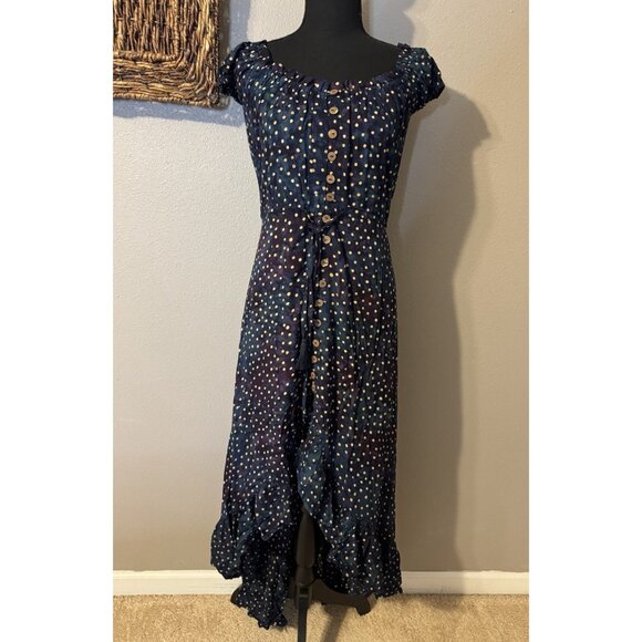 Tiara Hawaii Dress S M L Green Blue Tan Smocked Ruffle Flowy Washable NEW - Picture 3 of 13